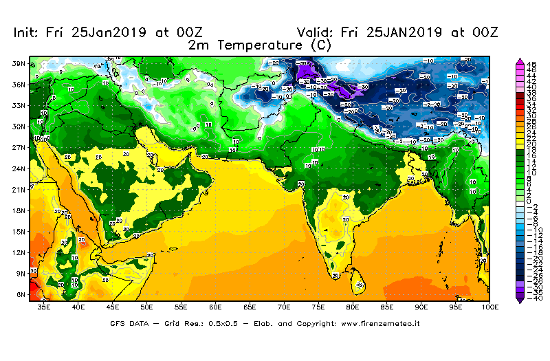 Mappa di analisi GFS - Temperatura a 2 metri dal suolo [°C] in Asia Sud-Occidentale
									del 25/01/2019 00 <!--googleoff: index-->UTC<!--googleon: index-->