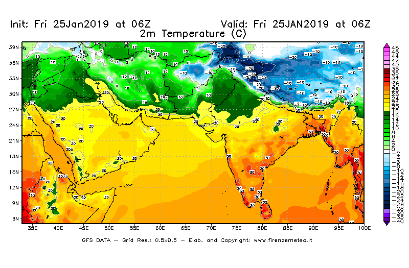 Mappa di analisi GFS - Temperatura a 2 metri dal suolo [°C] in Asia Sud-Occidentale
							del 25/01/2019 06 <!--googleoff: index-->UTC<!--googleon: index-->