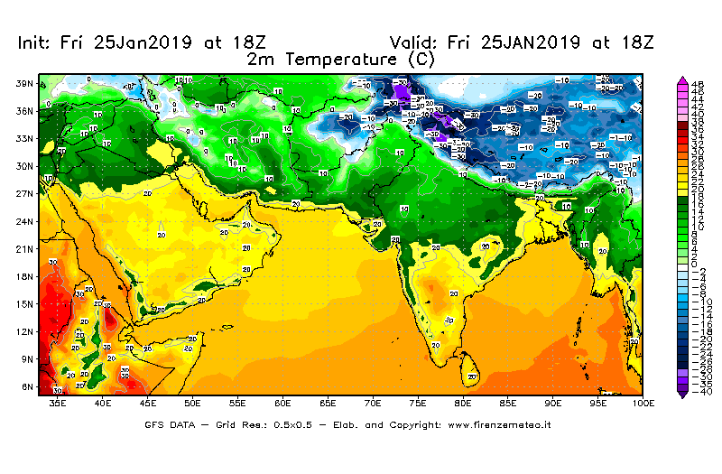 Mappa di analisi GFS - Temperatura a 2 metri dal suolo [°C] in Asia Sud-Occidentale
									del 25/01/2019 18 <!--googleoff: index-->UTC<!--googleon: index-->