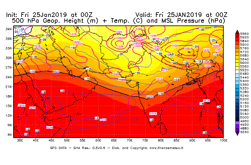 Mappa di analisi GFS - Geopotenziale [m] + Temp. [°C] a 500 hPa + Press. a livello del mare [hPa] in Asia Sud-Occidentale
							del 25/01/2019 00 <!--googleoff: index-->UTC<!--googleon: index-->