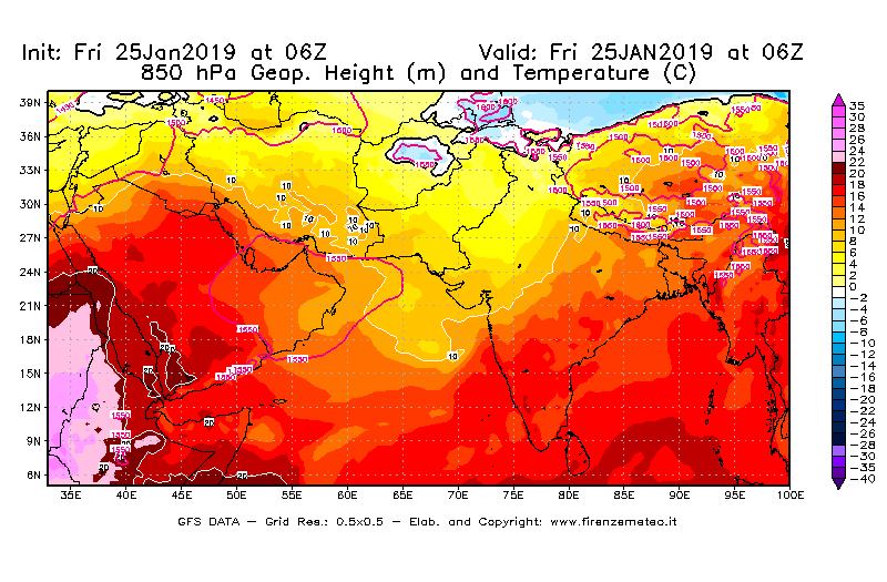 Mappa di analisi GFS - Geopotenziale [m] e Temperatura [°C] a 850 hPa in Asia Sud-Occidentale
							del 25/01/2019 06 <!--googleoff: index-->UTC<!--googleon: index-->