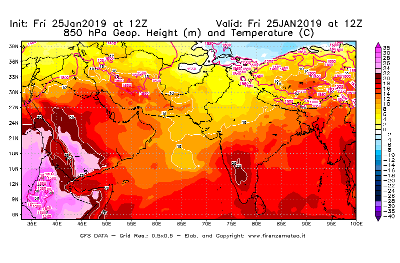 Mappa di analisi GFS - Geopotenziale [m] e Temperatura [°C] a 850 hPa in Asia Sud-Occidentale
									del 25/01/2019 12 <!--googleoff: index-->UTC<!--googleon: index-->