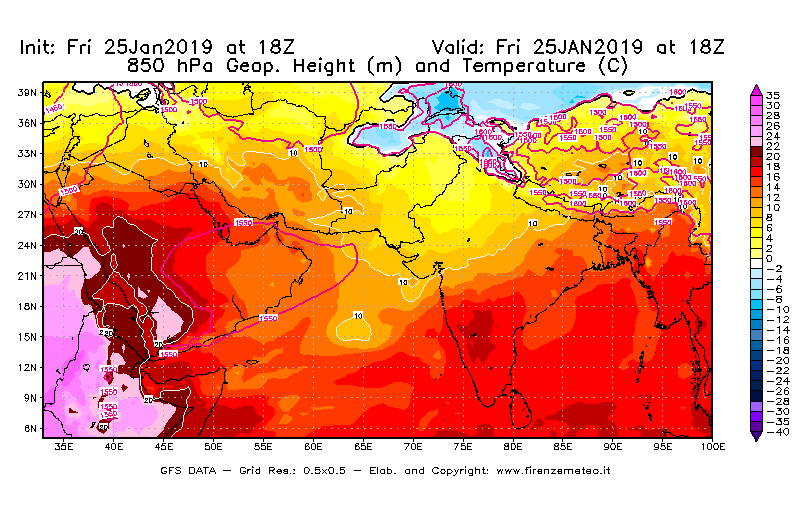 Mappa di analisi GFS - Geopotenziale [m] e Temperatura [°C] a 850 hPa in Asia Sud-Occidentale
									del 25/01/2019 18 <!--googleoff: index-->UTC<!--googleon: index-->