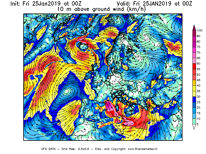 Mappa di analisi GFS - Velocità del vento a 10 metri dal suolo [km/h] in Europa
									del 25/01/2019 00 <!--googleoff: index-->UTC<!--googleon: index-->
