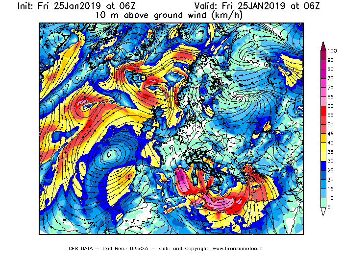 Mappa di analisi GFS - Velocità del vento a 10 metri dal suolo [km/h] in Europa
									del 25/01/2019 06 <!--googleoff: index-->UTC<!--googleon: index-->