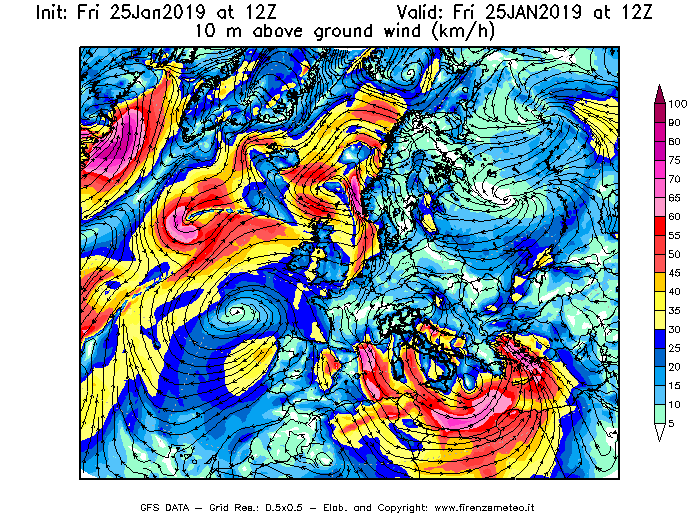 Mappa di analisi GFS - Velocità del vento a 10 metri dal suolo [km/h] in Europa
									del 25/01/2019 12 <!--googleoff: index-->UTC<!--googleon: index-->
