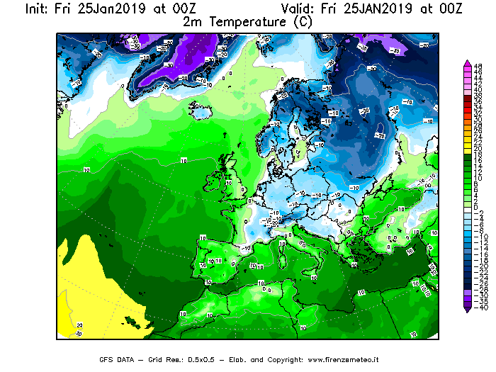 Mappa di analisi GFS - Temperatura a 2 metri dal suolo [°C] in Europa
							del 25/01/2019 00 <!--googleoff: index-->UTC<!--googleon: index-->