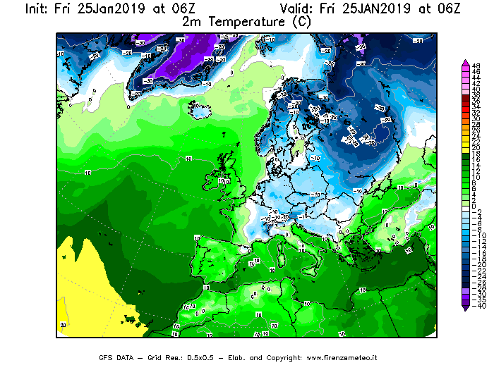 Mappa di analisi GFS - Temperatura a 2 metri dal suolo [°C] in Europa
									del 25/01/2019 06 <!--googleoff: index-->UTC<!--googleon: index-->