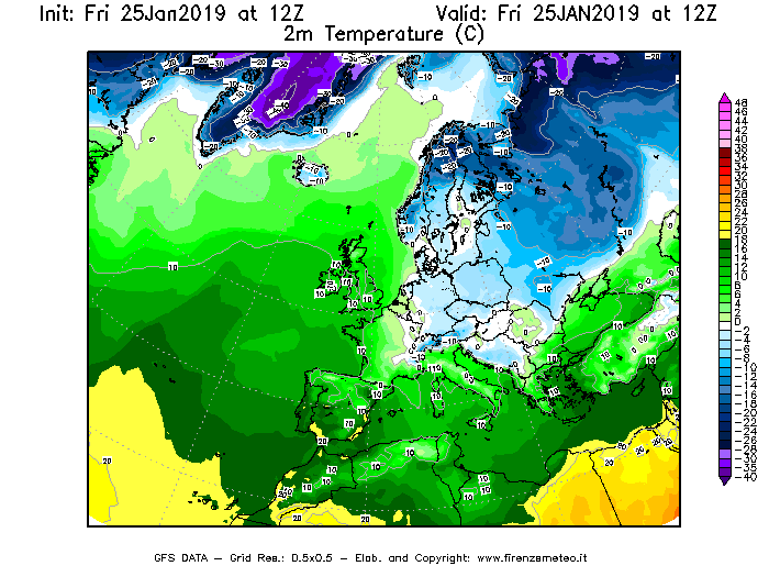 Mappa di analisi GFS - Temperatura a 2 metri dal suolo [°C] in Europa
									del 25/01/2019 12 <!--googleoff: index-->UTC<!--googleon: index-->