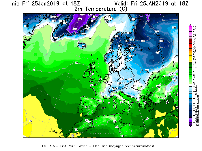 Mappa di analisi GFS - Temperatura a 2 metri dal suolo [°C] in Europa
							del 25/01/2019 18 <!--googleoff: index-->UTC<!--googleon: index-->