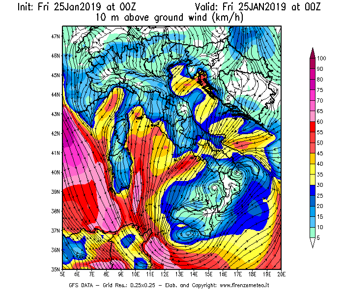 Mappa di analisi GFS - Velocità del vento a 10 metri dal suolo [km/h] in Italia
							del 25/01/2019 00 <!--googleoff: index-->UTC<!--googleon: index-->