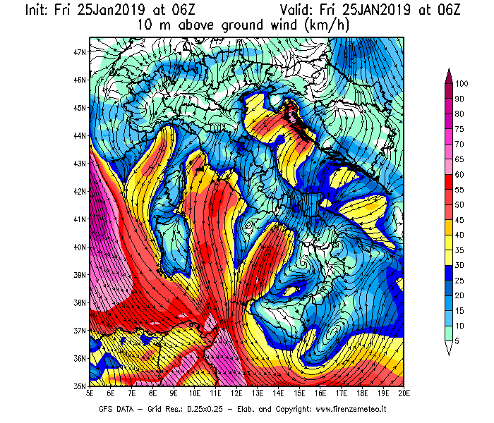 Mappa di analisi GFS - Velocità del vento a 10 metri dal suolo [km/h] in Italia
									del 25/01/2019 06 <!--googleoff: index-->UTC<!--googleon: index-->