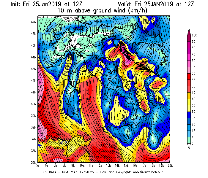 Mappa di analisi GFS - Velocità del vento a 10 metri dal suolo [km/h] in Italia
							del 25/01/2019 12 <!--googleoff: index-->UTC<!--googleon: index-->
