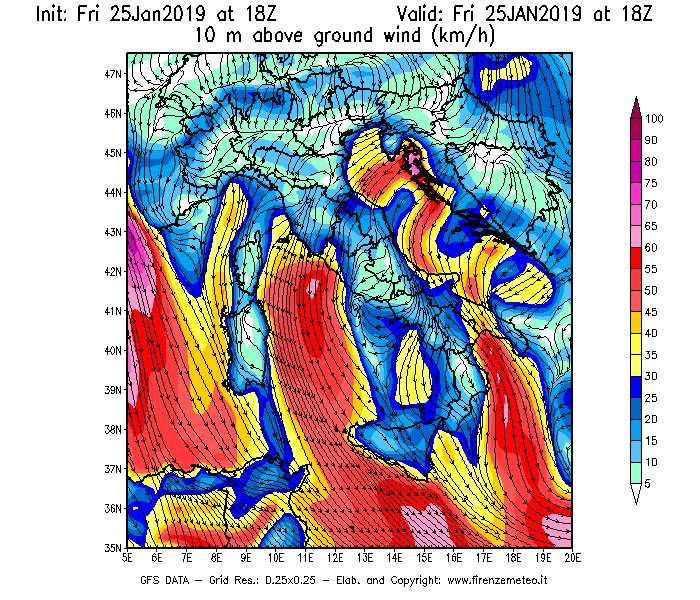 Mappa di analisi GFS - Velocità del vento a 10 metri dal suolo [km/h] in Italia
									del 25/01/2019 18 <!--googleoff: index-->UTC<!--googleon: index-->