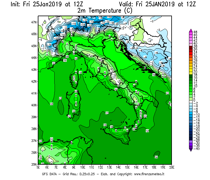Mappa di analisi GFS - Temperatura a 2 metri dal suolo [°C] in Italia
									del 25/01/2019 12 <!--googleoff: index-->UTC<!--googleon: index-->
