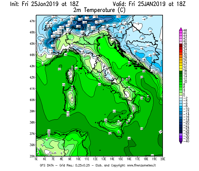 Mappa di analisi GFS - Temperatura a 2 metri dal suolo [°C] in Italia
							del 25/01/2019 18 <!--googleoff: index-->UTC<!--googleon: index-->