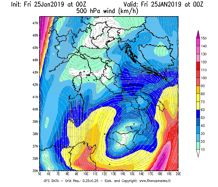 Mappa di analisi GFS - Velocità del vento a 500 hPa [km/h] in Italia
									del 25/01/2019 00 <!--googleoff: index-->UTC<!--googleon: index-->