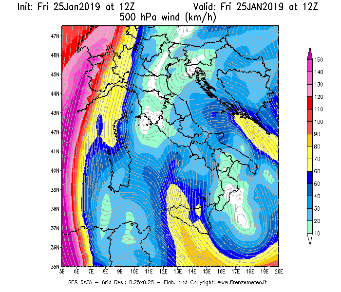 Mappa di analisi GFS - Velocità del vento a 500 hPa [km/h] in Italia
							del 25/01/2019 12 <!--googleoff: index-->UTC<!--googleon: index-->