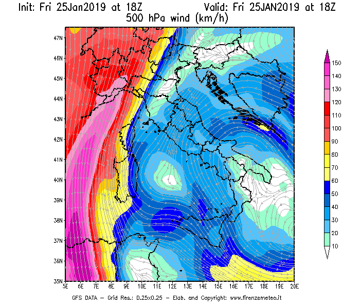 Mappa di analisi GFS - Velocità del vento a 500 hPa [km/h] in Italia
							del 25/01/2019 18 <!--googleoff: index-->UTC<!--googleon: index-->