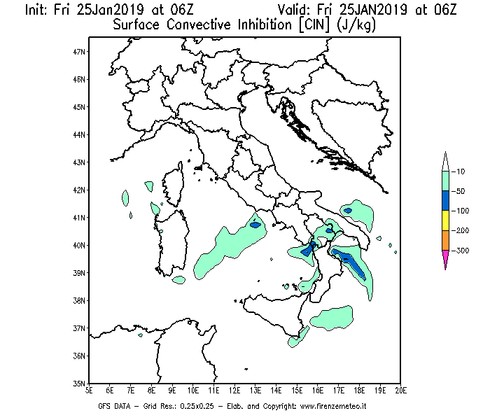 Mappa di analisi GFS - CIN [J/kg] in Italia
									del 25/01/2019 06 <!--googleoff: index-->UTC<!--googleon: index-->