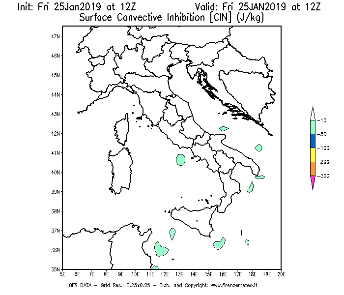 Mappa di analisi GFS - CIN [J/kg] in Italia
							del 25/01/2019 12 <!--googleoff: index-->UTC<!--googleon: index-->