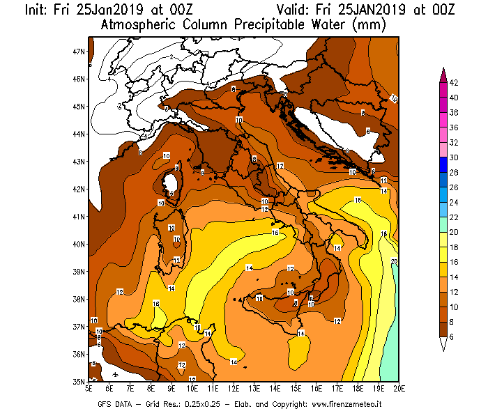 Mappa di analisi GFS - Precipitable Water [mm] in Italia
									del 25/01/2019 00 <!--googleoff: index-->UTC<!--googleon: index-->
