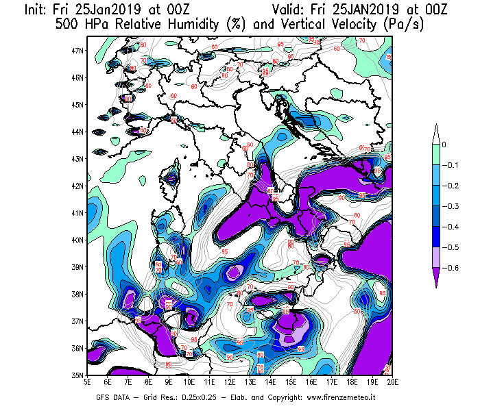 Mappa di analisi GFS - Umidità relativa [%] e Omega [Pa/s] a 500 hPa in Italia
									del 25/01/2019 00 <!--googleoff: index-->UTC<!--googleon: index-->