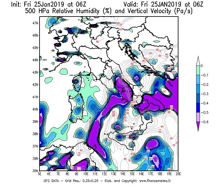 Mappa di analisi GFS - Umidità relativa [%] e Omega [Pa/s] a 500 hPa in Italia
									del 25/01/2019 06 <!--googleoff: index-->UTC<!--googleon: index-->