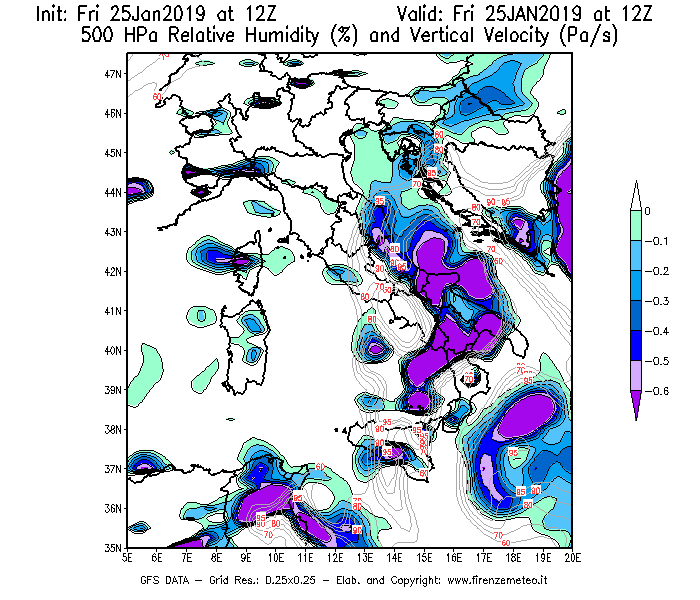 Mappa di analisi GFS - Umidità relativa [%] e Omega [Pa/s] a 500 hPa in Italia
							del 25/01/2019 12 <!--googleoff: index-->UTC<!--googleon: index-->