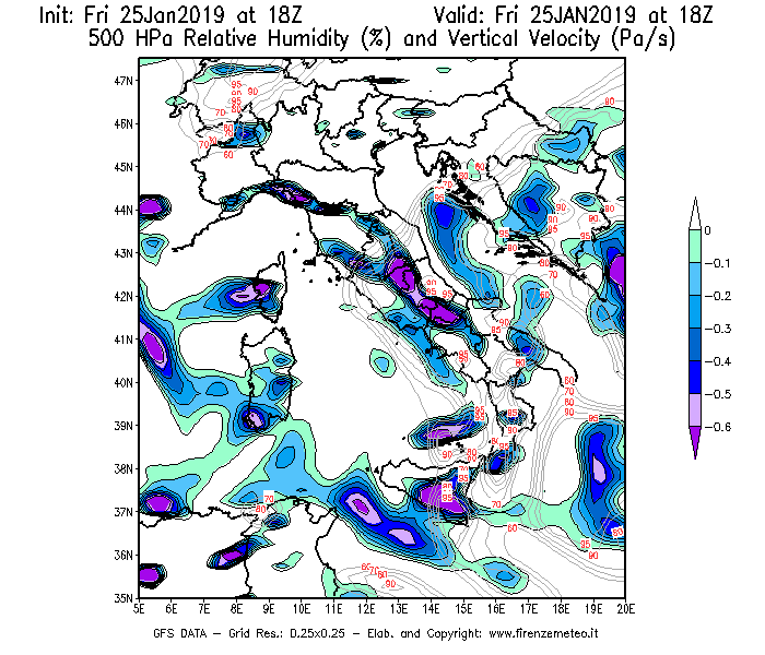 Mappa di analisi GFS - Umidità relativa [%] e Omega [Pa/s] a 500 hPa in Italia
							del 25/01/2019 18 <!--googleoff: index-->UTC<!--googleon: index-->