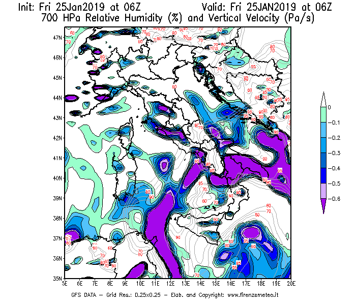Mappa di analisi GFS - Umidità relativa [%] e Omega [Pa/s] a 700 hPa in Italia
							del 25/01/2019 06 <!--googleoff: index-->UTC<!--googleon: index-->