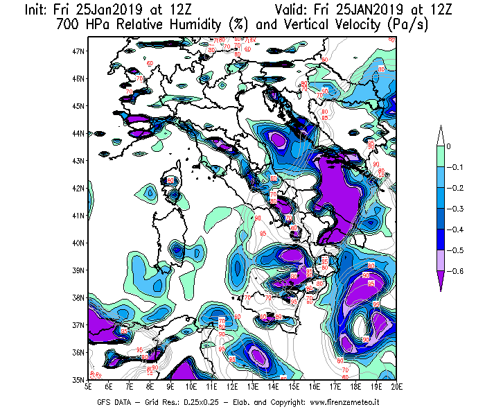 Mappa di analisi GFS - Umidità relativa [%] e Omega [Pa/s] a 700 hPa in Italia
							del 25/01/2019 12 <!--googleoff: index-->UTC<!--googleon: index-->