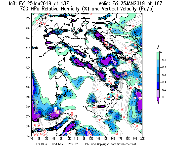 Mappa di analisi GFS - Umidità relativa [%] e Omega [Pa/s] a 700 hPa in Italia
							del 25/01/2019 18 <!--googleoff: index-->UTC<!--googleon: index-->