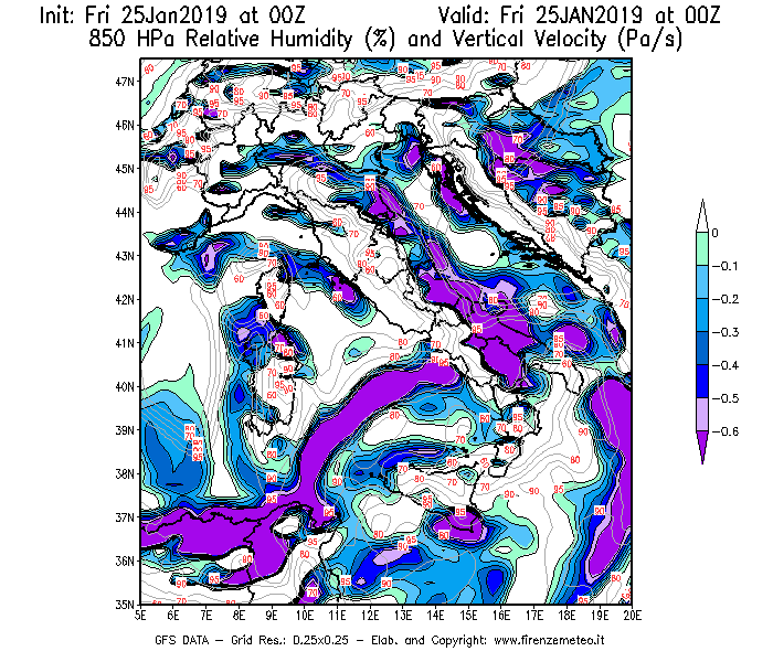 Mappa di analisi GFS - Umidità relativa [%] e Omega [Pa/s] a 850 hPa in Italia
									del 25/01/2019 00 <!--googleoff: index-->UTC<!--googleon: index-->