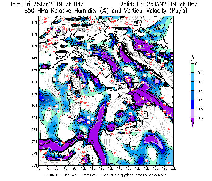 Mappa di analisi GFS - Umidità relativa [%] e Omega [Pa/s] a 850 hPa in Italia
									del 25/01/2019 06 <!--googleoff: index-->UTC<!--googleon: index-->
