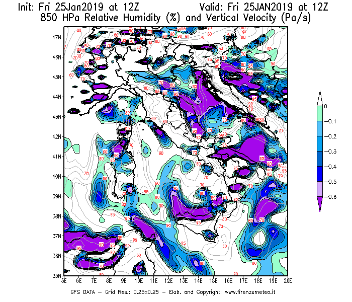 Mappa di analisi GFS - Umidità relativa [%] e Omega [Pa/s] a 850 hPa in Italia
							del 25/01/2019 12 <!--googleoff: index-->UTC<!--googleon: index-->