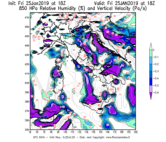 Mappa di analisi GFS - Umidità relativa [%] e Omega [Pa/s] a 850 hPa in Italia
									del 25/01/2019 18 <!--googleoff: index-->UTC<!--googleon: index-->