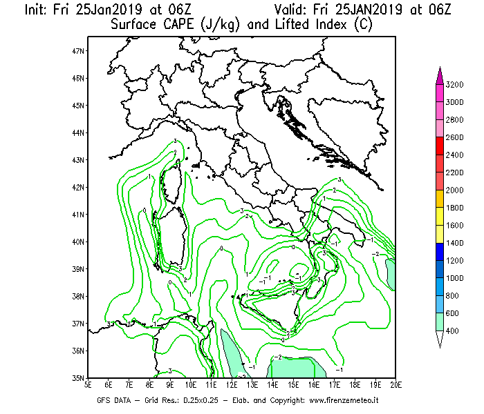 Mappa di analisi GFS - CAPE [J/kg] e Lifted Index [°C] in Italia
							del 25/01/2019 06 <!--googleoff: index-->UTC<!--googleon: index-->