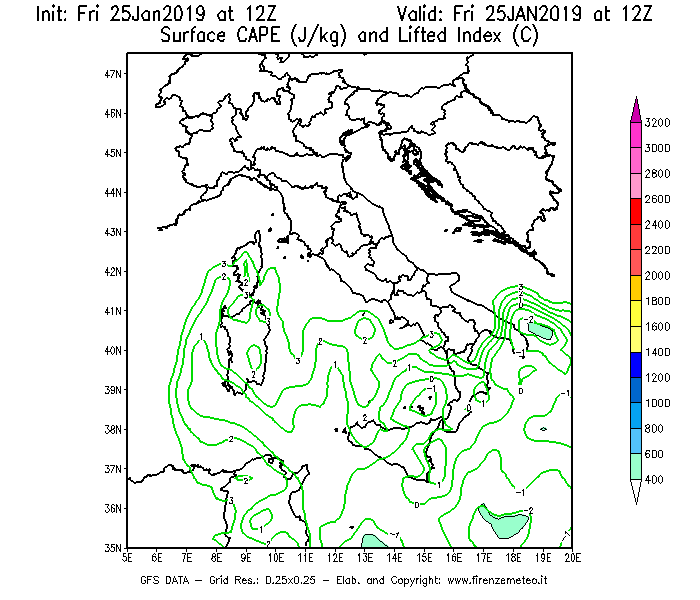 Mappa di analisi GFS - CAPE [J/kg] e Lifted Index [°C] in Italia
							del 25/01/2019 12 <!--googleoff: index-->UTC<!--googleon: index-->