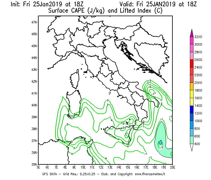 Mappa di analisi GFS - CAPE [J/kg] e Lifted Index [°C] in Italia
									del 25/01/2019 18 <!--googleoff: index-->UTC<!--googleon: index-->