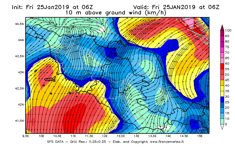 Mappa di analisi GFS - Velocità del vento a 10 metri dal suolo [km/h] in Centro-Italia
							del 25/01/2019 06 <!--googleoff: index-->UTC<!--googleon: index-->