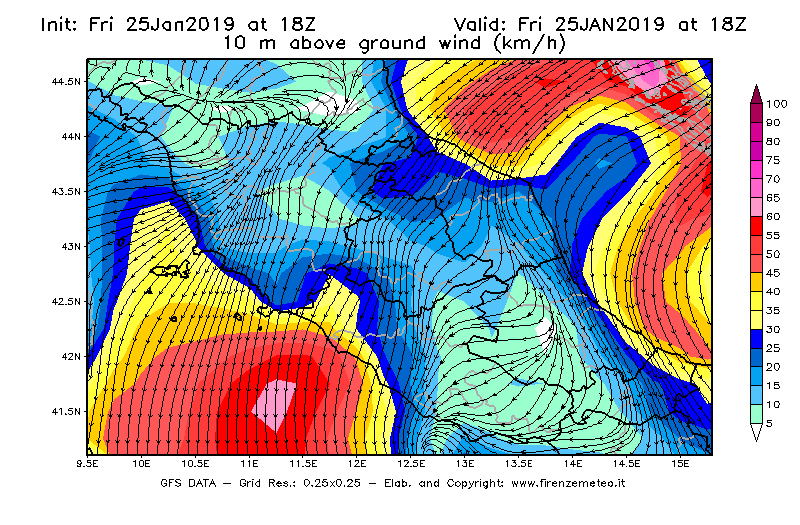 Mappa di analisi GFS - Velocità del vento a 10 metri dal suolo [km/h] in Centro-Italia
							del 25/01/2019 18 <!--googleoff: index-->UTC<!--googleon: index-->