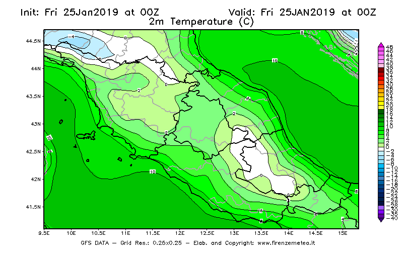 Mappa di analisi GFS - Temperatura a 2 metri dal suolo [°C] in Centro-Italia
							del 25/01/2019 00 <!--googleoff: index-->UTC<!--googleon: index-->