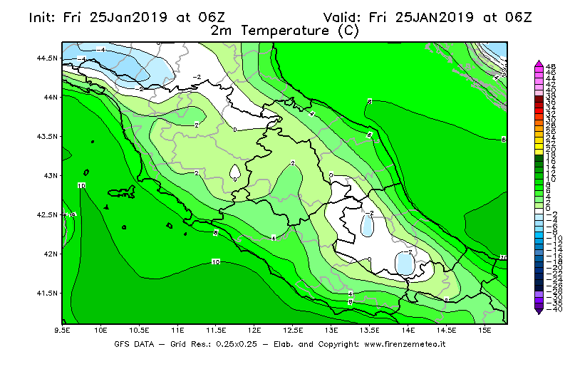 Mappa di analisi GFS - Temperatura a 2 metri dal suolo [°C] in Centro-Italia
							del 25/01/2019 06 <!--googleoff: index-->UTC<!--googleon: index-->