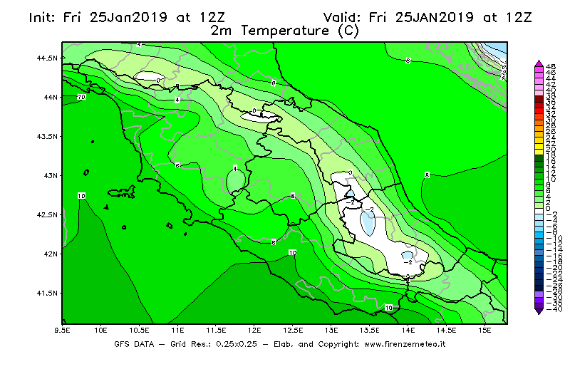 Mappa di analisi GFS - Temperatura a 2 metri dal suolo [°C] in Centro-Italia
									del 25/01/2019 12 <!--googleoff: index-->UTC<!--googleon: index-->