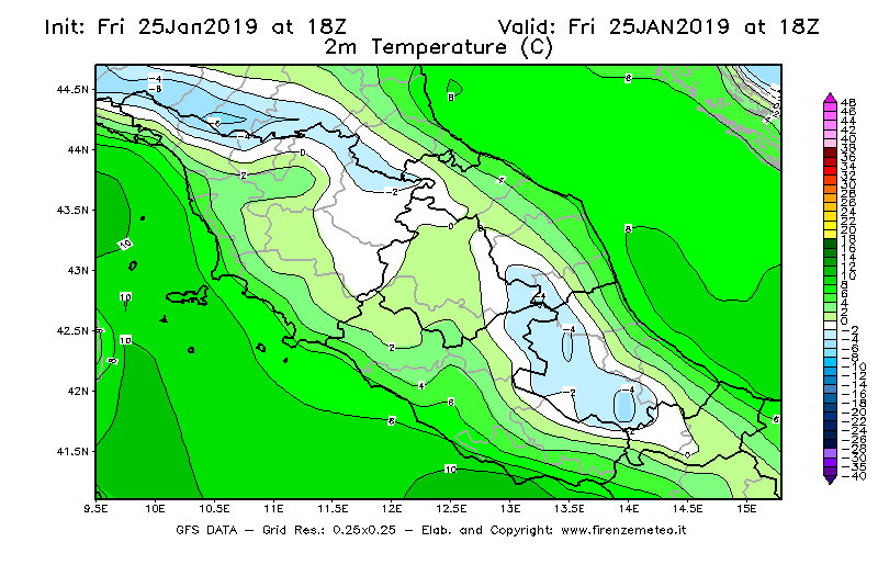 Mappa di analisi GFS - Temperatura a 2 metri dal suolo [°C] in Centro-Italia
							del 25/01/2019 18 <!--googleoff: index-->UTC<!--googleon: index-->