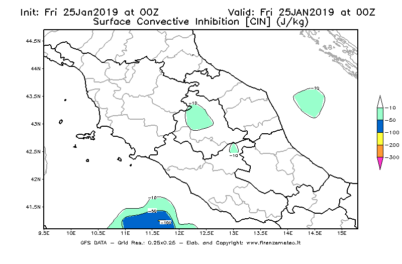 Mappa di analisi GFS - CIN [J/kg] in Centro-Italia
									del 25/01/2019 00 <!--googleoff: index-->UTC<!--googleon: index-->