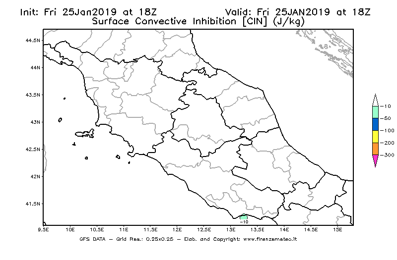 Mappa di analisi GFS - CIN [J/kg] in Centro-Italia
							del 25/01/2019 18 <!--googleoff: index-->UTC<!--googleon: index-->
