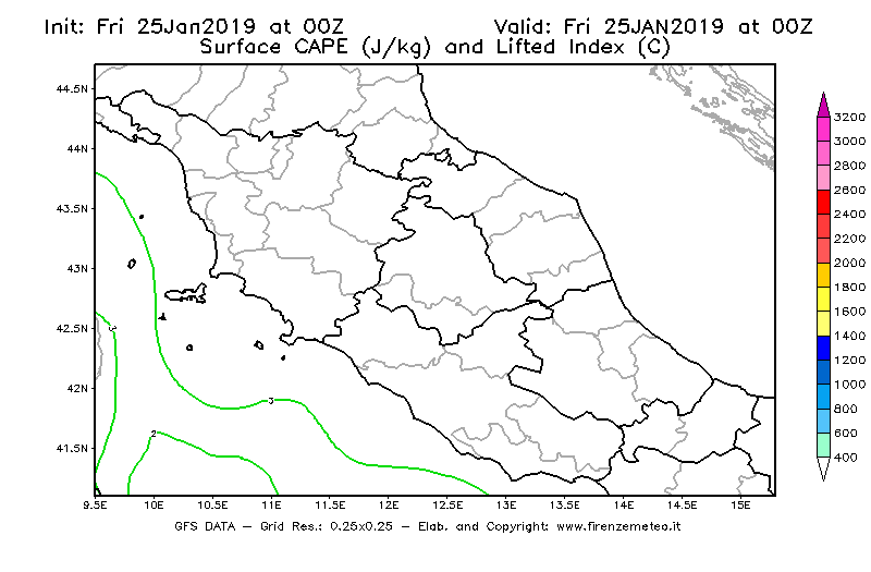 Mappa di analisi GFS - CAPE [J/kg] e Lifted Index [°C] in Centro-Italia
							del 25/01/2019 00 <!--googleoff: index-->UTC<!--googleon: index-->