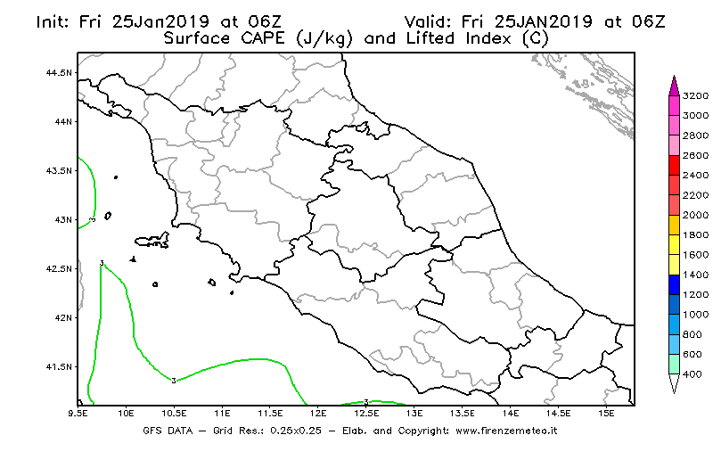 Mappa di analisi GFS - CAPE [J/kg] e Lifted Index [°C] in Centro-Italia
									del 25/01/2019 06 <!--googleoff: index-->UTC<!--googleon: index-->